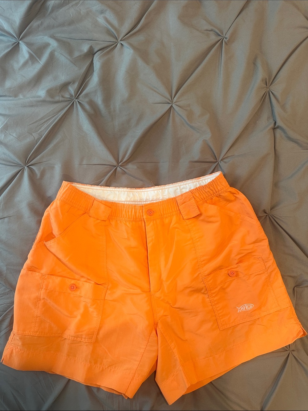 AFTCO Bright Orange Shorts with Navy and Yellow Label